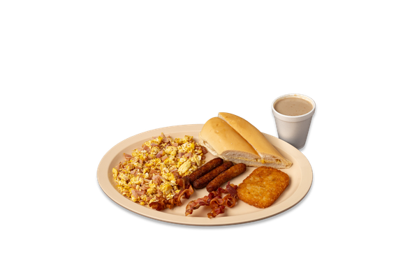 2 Eggs Scrambled with Ham, Bacon Sausage, Hash Brown Toast & Coffee with Milk