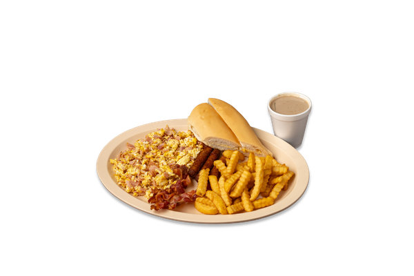 2 Eggs Scrambled with Ham, Bacon Sausage, French Fries, Toast & Coffee with Milk