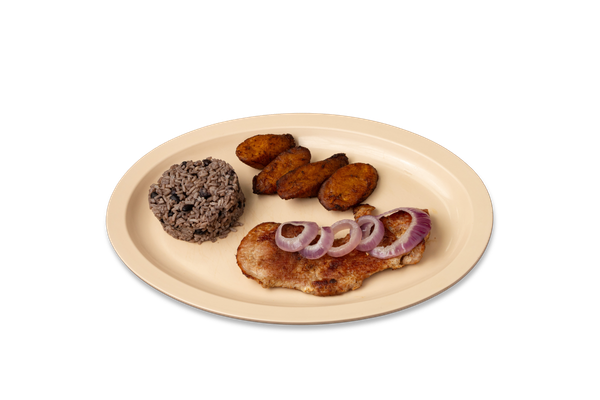 Pork Steak with Black Beans Rice & Sweet Plantains
